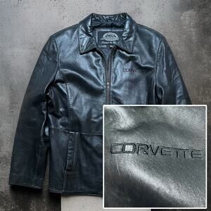 VINTAGE 90s Corvette Leather Jacket Size L Mid America Direct Black Embroidered
